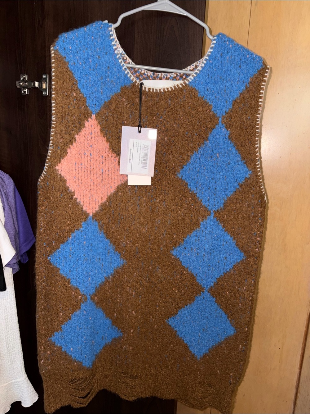 Chunky Argyle Knit Vest in Brown with Blue & Pink Diamonds
